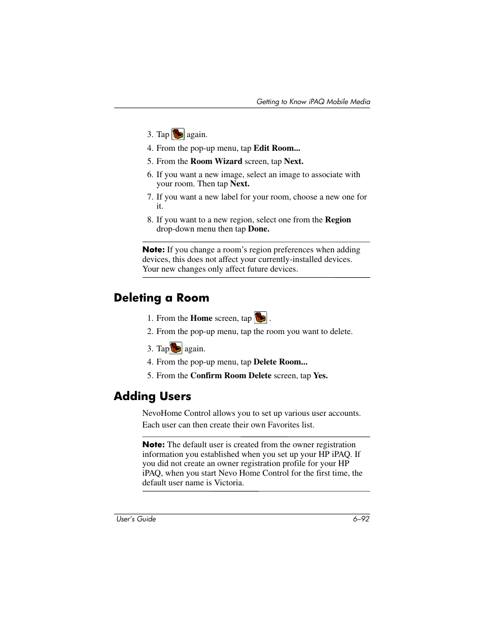Deleting a room, Adding users, Deleting a room –92 adding users –92 | W users (see, Described in | HP rx3000 Series User Manual | Page 212 / 301