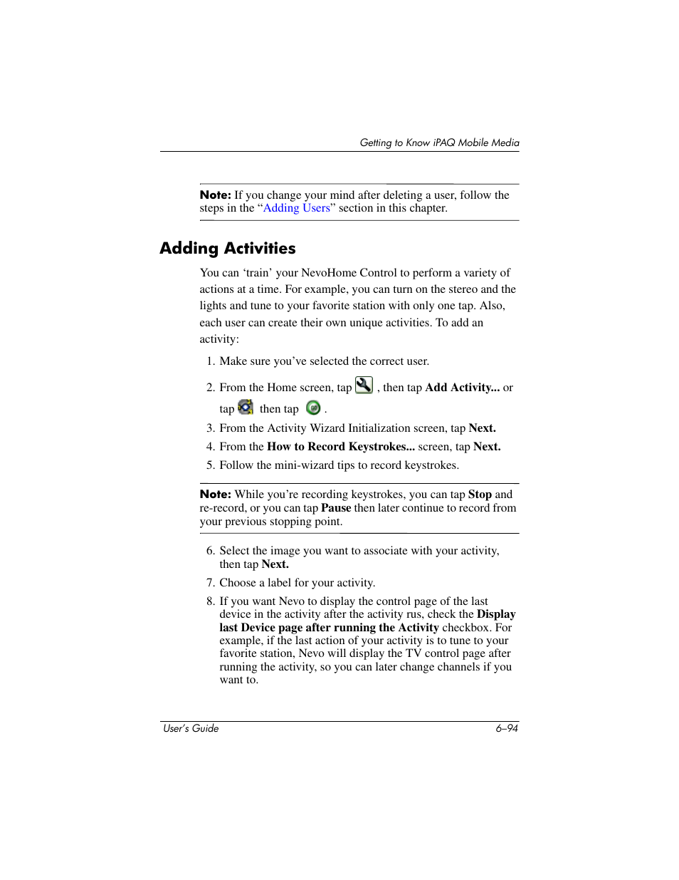 Adding activities, Adding activities –94 | HP rx3000 Series User Manual | Page 214 / 301