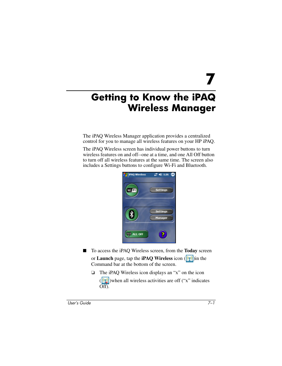 Getting to know the ipaq wireless manager, 7 getting to know the ipaq wireless manager | HP rx3000 Series User Manual | Page 218 / 301