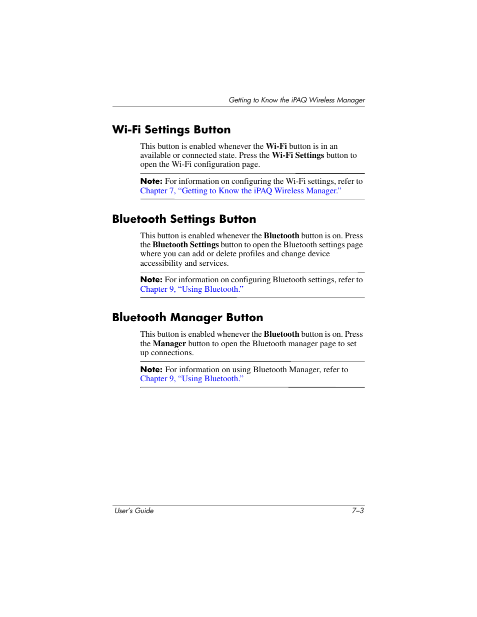 Wi-fi settings button, Bluetooth settings button, Bluetooth manager button | HP rx3000 Series User Manual | Page 220 / 301