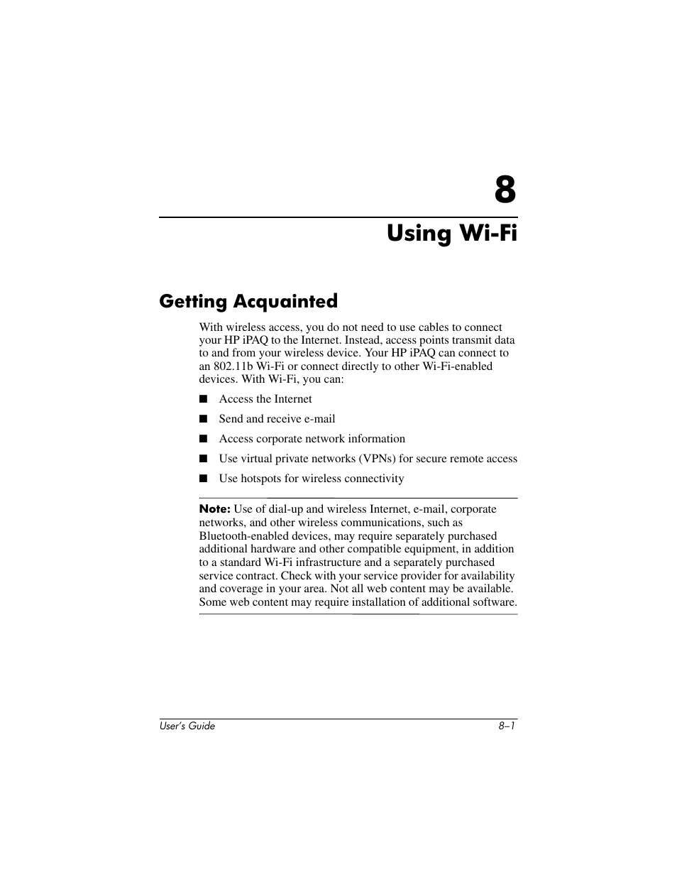 Using wi-fi, Getting acquainted, 8 using wi-fi | Getting acquainted –1 | HP rx3000 Series User Manual | Page 221 / 301
