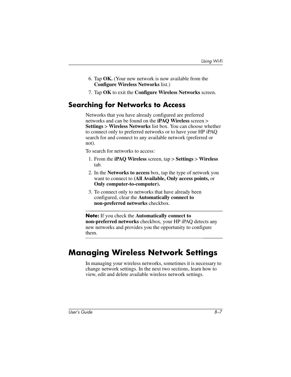 Searching for networks to access, Managing wireless network settings, Searching for networks to access –7 | Managing wireless network settings –7 | HP rx3000 Series User Manual | Page 227 / 301