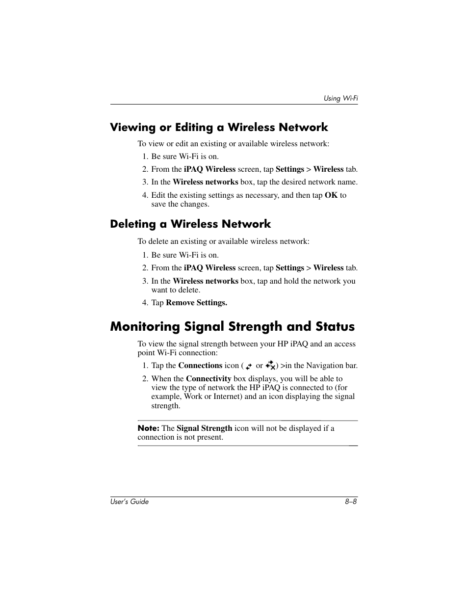 Viewing or editing a wireless network, Deleting a wireless network, Monitoring signal strength and status | Monitoring signal strength and status –8 | HP rx3000 Series User Manual | Page 228 / 301