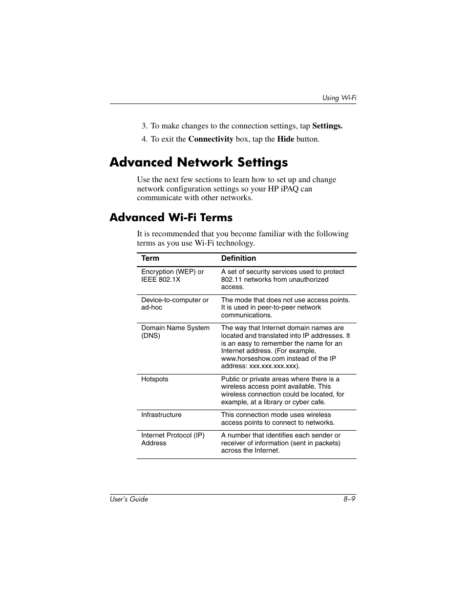 Advanced network settings, Advanced wi-fi terms, Advanced network settings –9 | Advanced wi-fi terms –9 | HP rx3000 Series User Manual | Page 229 / 301