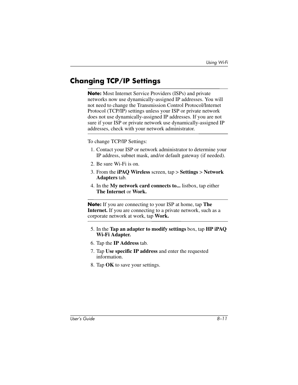Changing tcp/ip settings, Changing tcp/ip settings –11 | HP rx3000 Series User Manual | Page 231 / 301