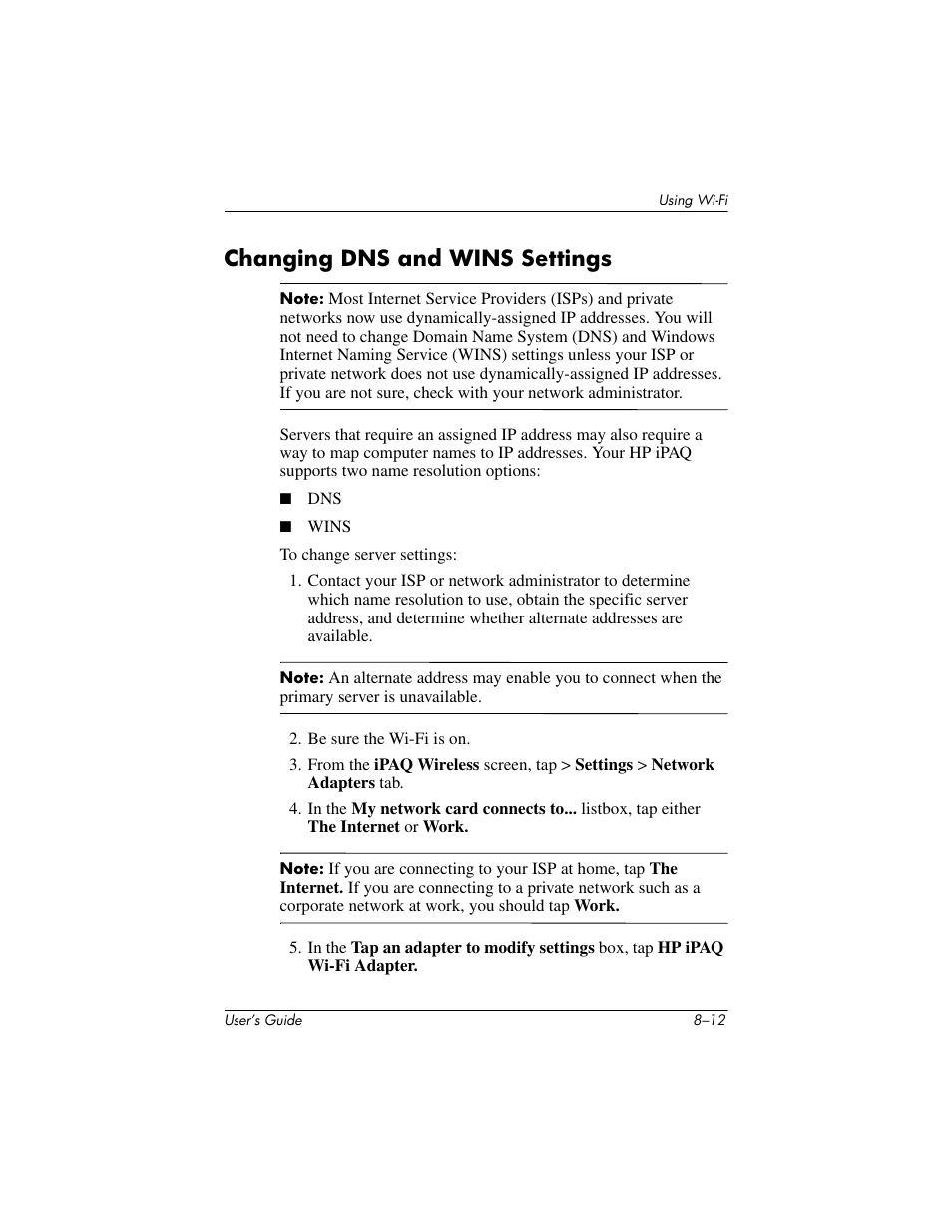 Changing dns and wins settings, Changing dns and wins settings –12 | HP rx3000 Series User Manual | Page 232 / 301