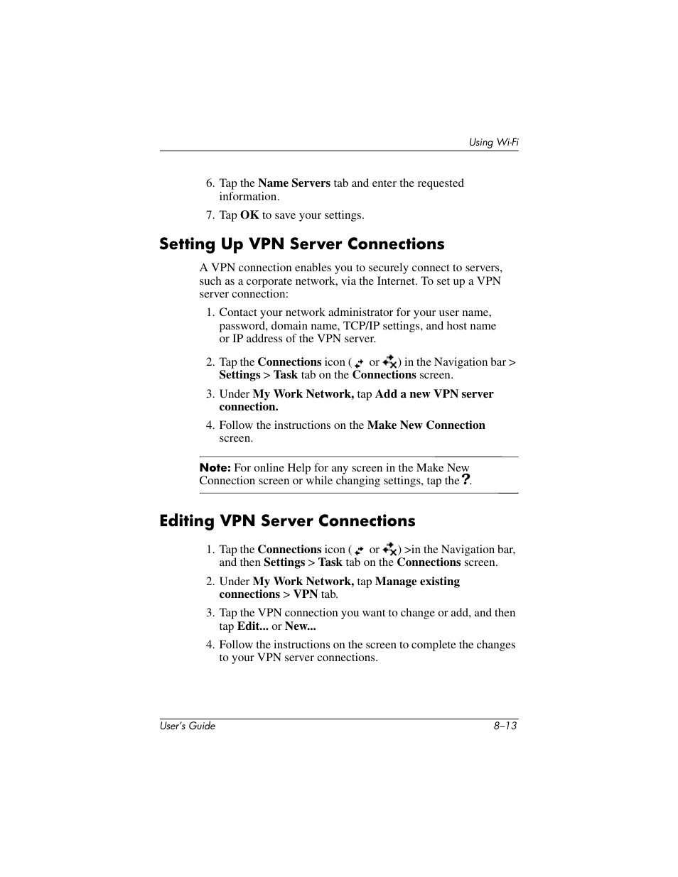 Setting up vpn server connections, Editing vpn server connections | HP rx3000 Series User Manual | Page 233 / 301