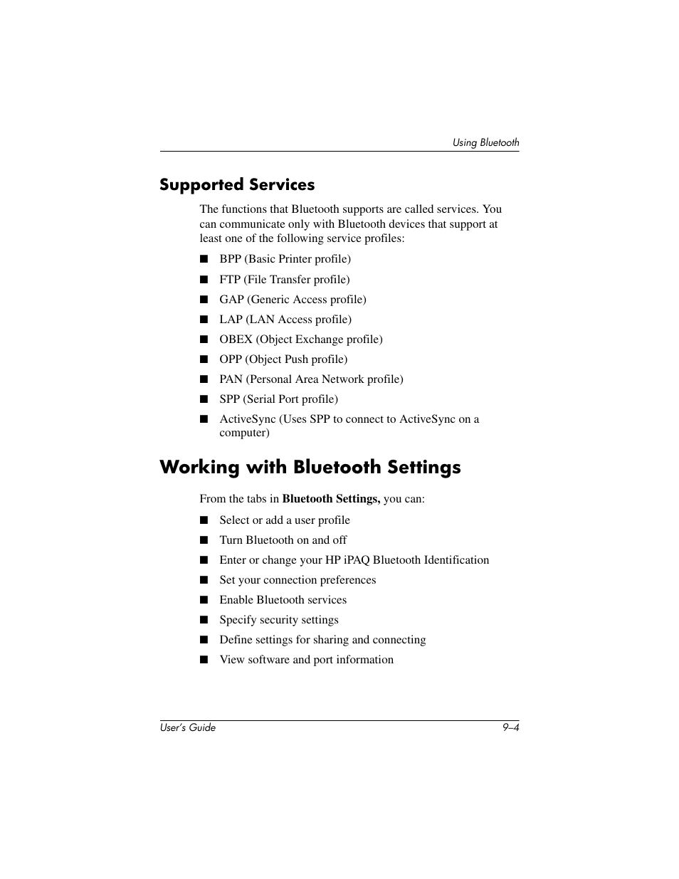 Supported services, Working with bluetooth settings, Supported services –4 | Working with bluetooth settings –4 | HP rx3000 Series User Manual | Page 238 / 301