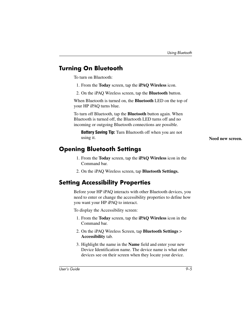 Turning on bluetooth, Opening bluetooth settings, Setting accessibility properties | HP rx3000 Series User Manual | Page 239 / 301