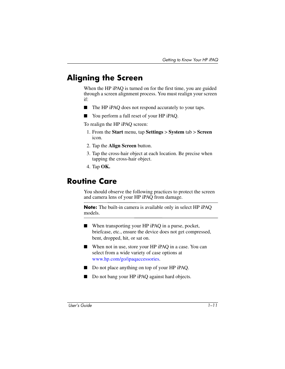 Aligning the screen, Routine care, Aligning the screen –11 routine care –11 | HP rx3000 Series User Manual | Page 24 / 301