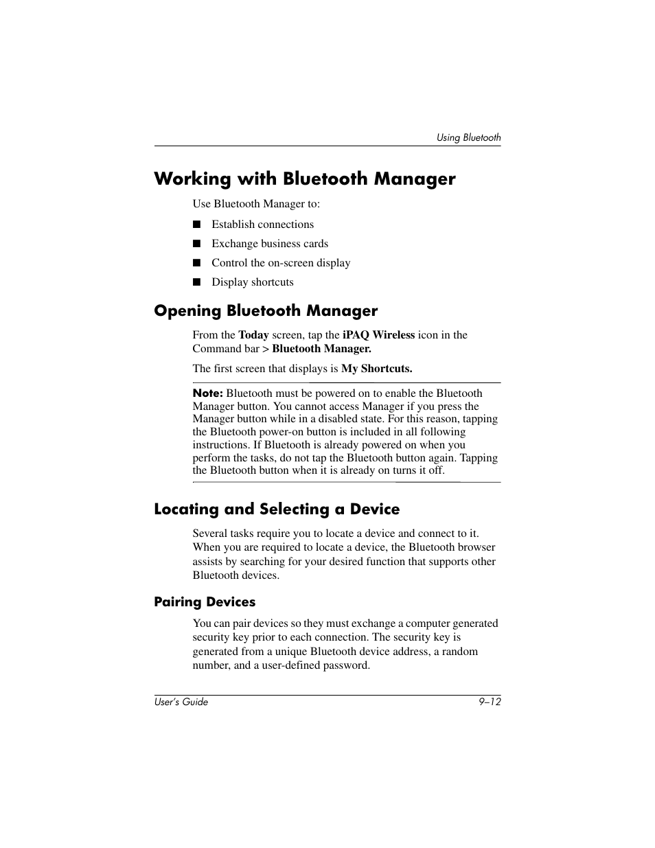 Working with bluetooth manager, Opening bluetooth manager, Locating and selecting a device | Pairing devices, Working with bluetooth manager –12 | HP rx3000 Series User Manual | Page 246 / 301