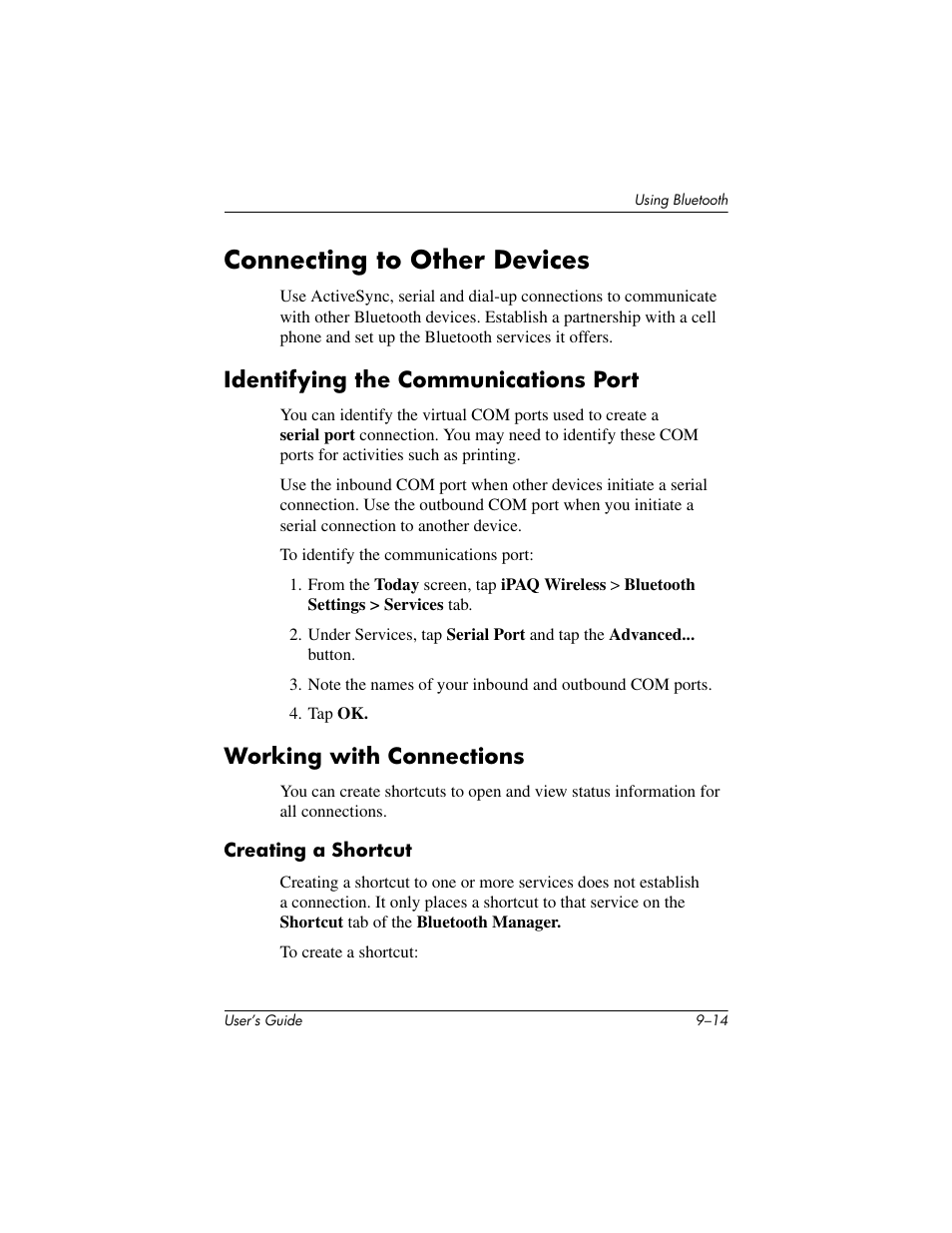 Connecting to other devices, Identifying the communications port, Working with connections | Creating a shortcut, Connecting to other devices –14 | HP rx3000 Series User Manual | Page 248 / 301