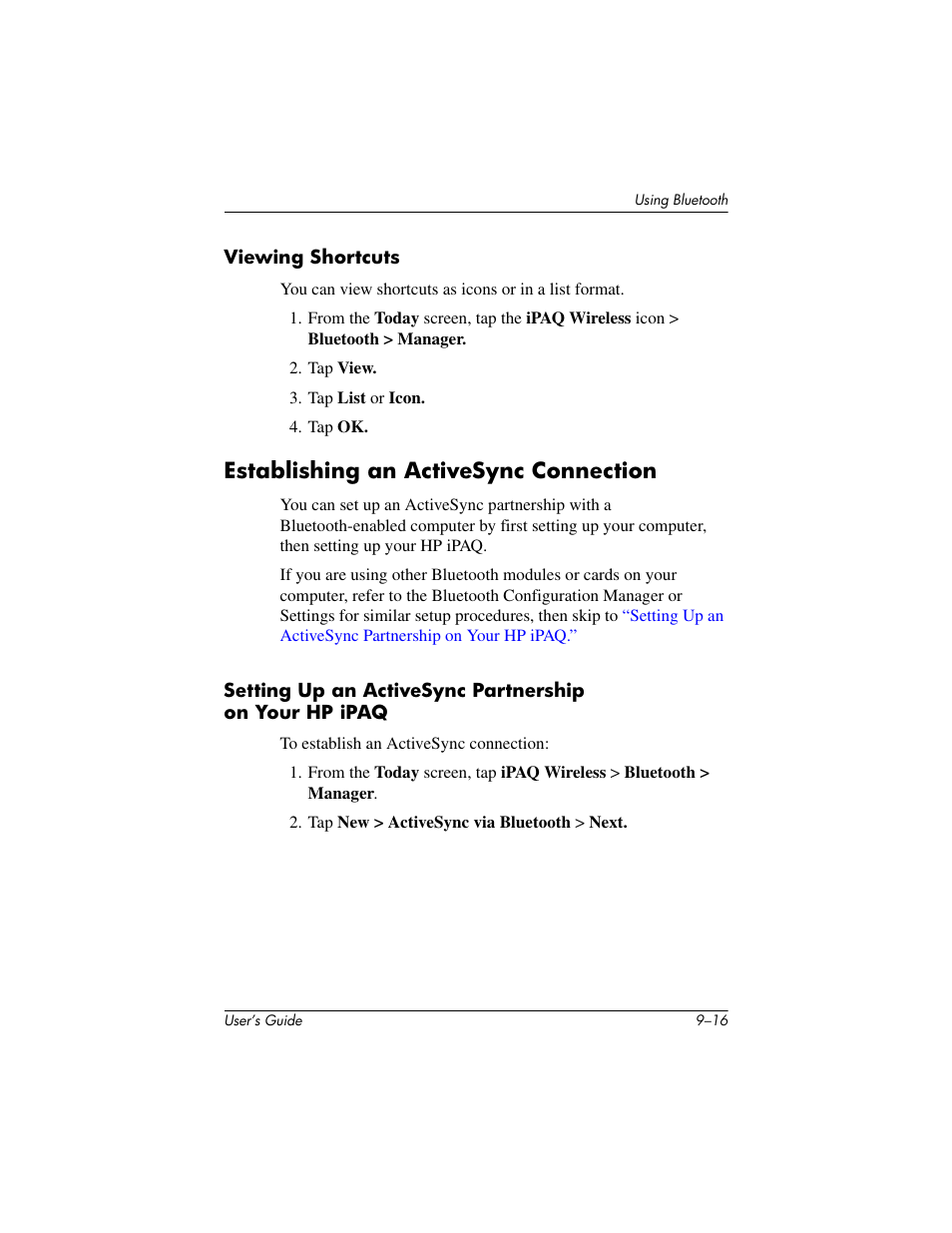 Viewing shortcuts, Establishing an activesync connection, Establishing an activesync connection –16 | HP rx3000 Series User Manual | Page 250 / 301