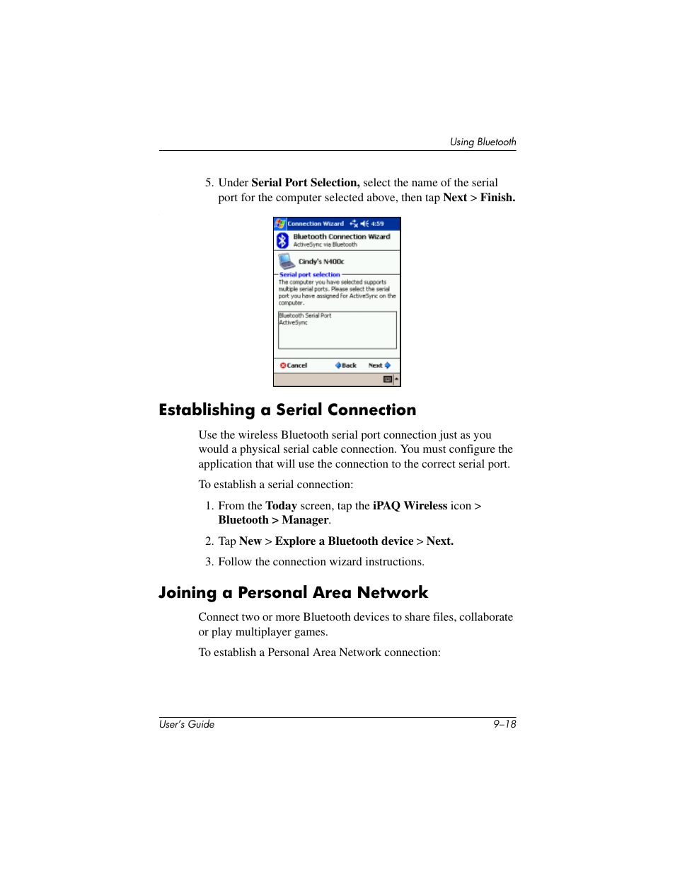 Establishing a serial connection, Joining a personal area network | HP rx3000 Series User Manual | Page 252 / 301