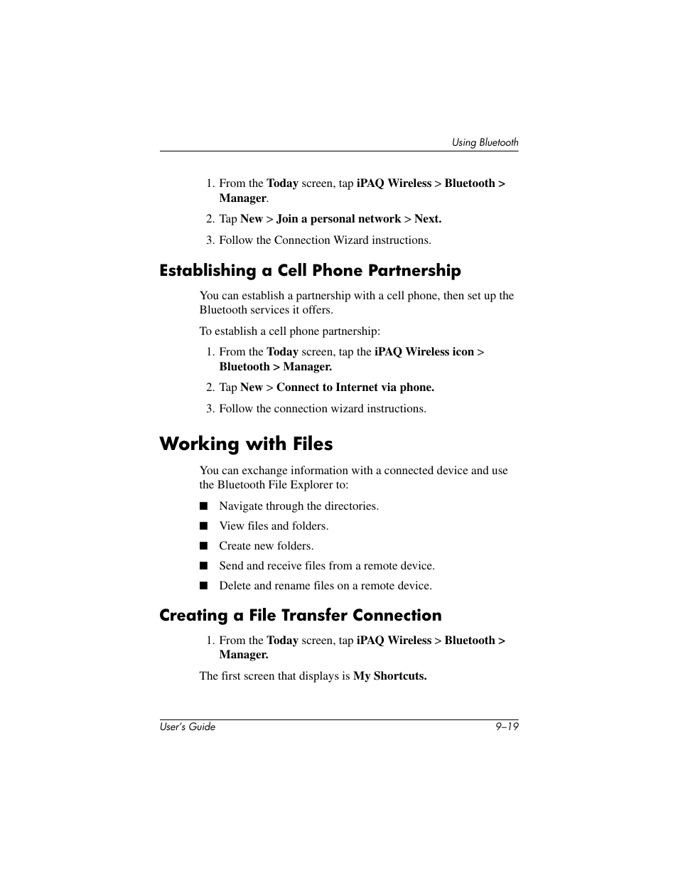 Establishing a cell phone partnership, Working with files, Creating a file transfer connection | Establishing a cell phone partnership –19, Working with files –19, Creating a file transfer connection –19 | HP rx3000 Series User Manual | Page 253 / 301