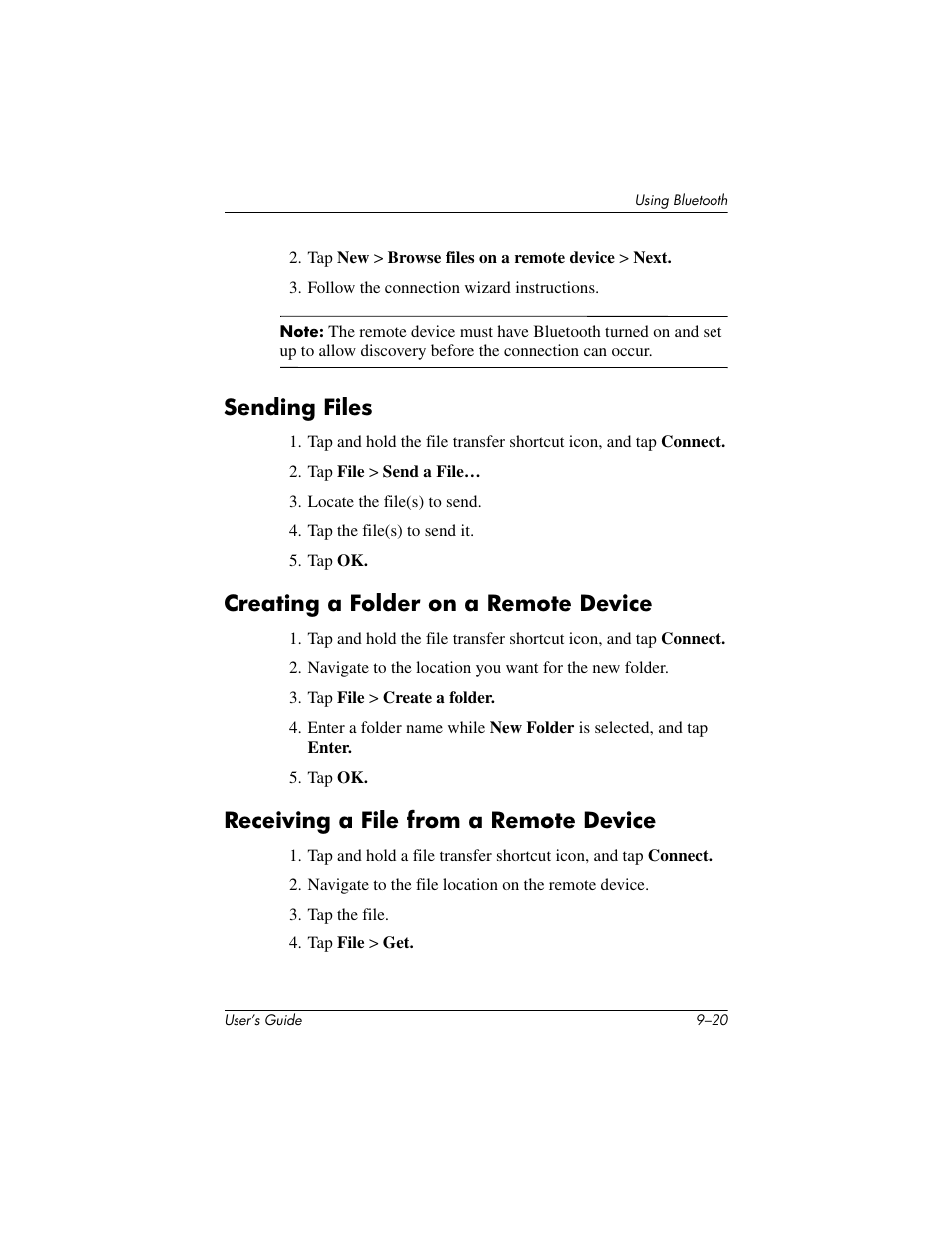 Sending files, Creating a folder on a remote device, Receiving a file from a remote device | HP rx3000 Series User Manual | Page 254 / 301