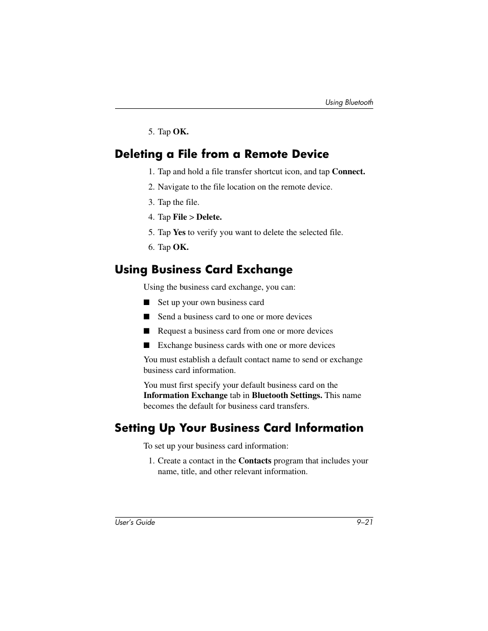 Deleting a file from a remote device, Using business card exchange, Setting up your business card information | HP rx3000 Series User Manual | Page 255 / 301