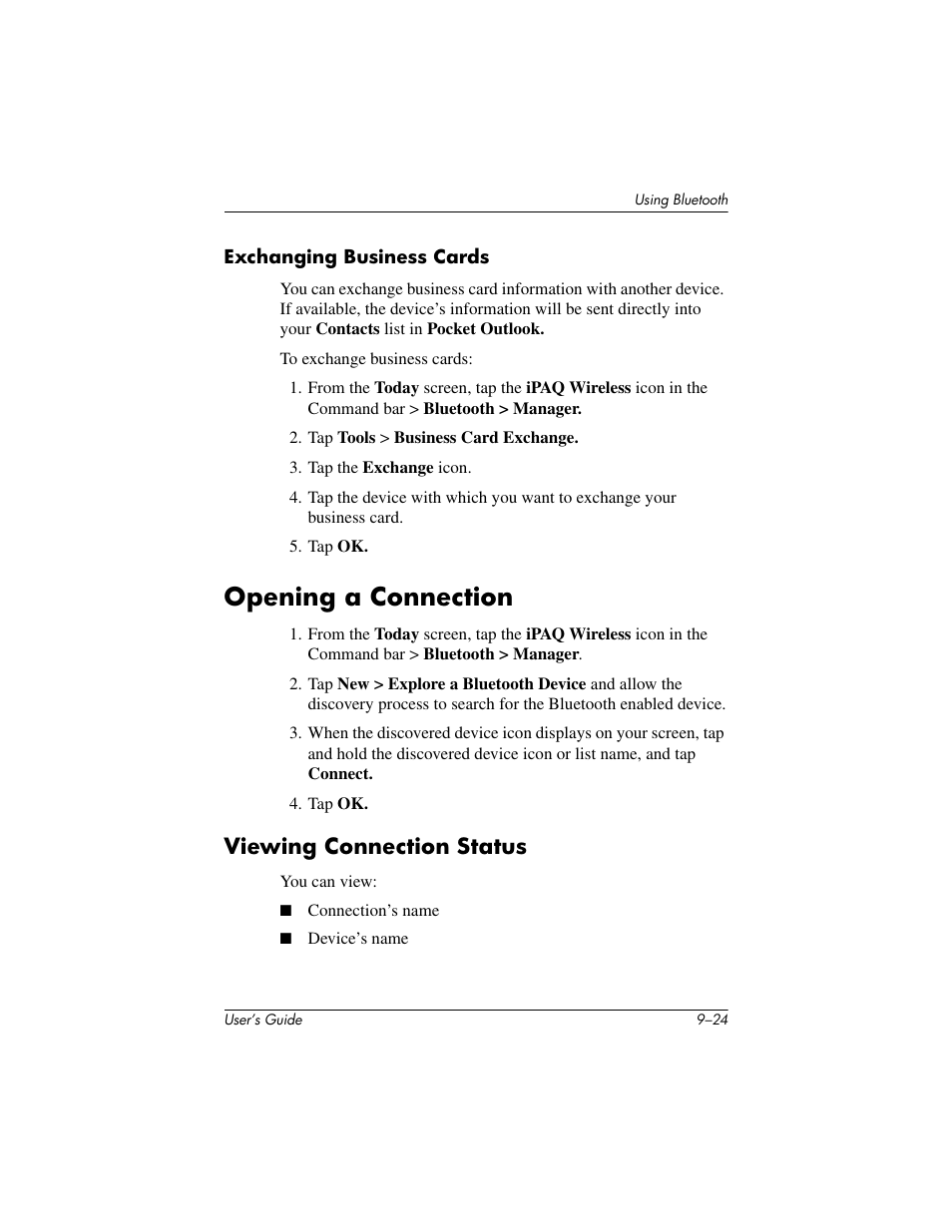 Exchanging business cards, Opening a connection, Viewing connection status | Opening a connection –24, Viewing connection status –24 | HP rx3000 Series User Manual | Page 258 / 301
