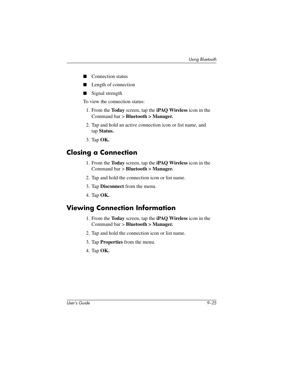 Closing a connection, Viewing connection information | HP rx3000 Series User Manual | Page 259 / 301