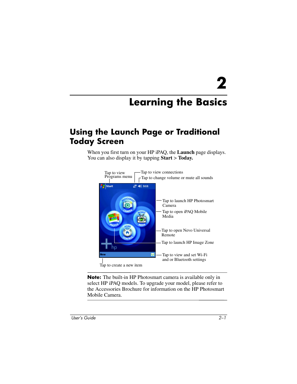 Learning the basics, 2 learning the basics, Using the launch page or traditional today screen | HP rx3000 Series User Manual | Page 26 / 301