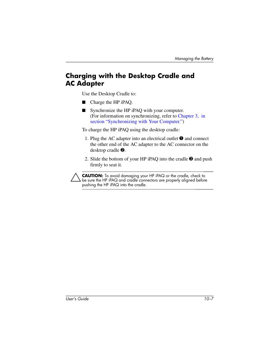 Charging with the desktop cradle and ac adapter, Charging with the desktop cradle and ac adapter –7 | HP rx3000 Series User Manual | Page 266 / 301