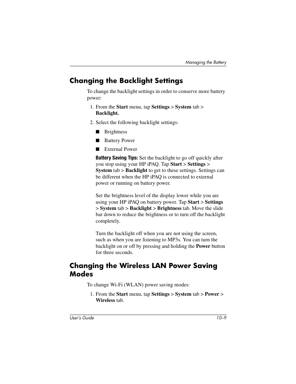 Changing the backlight settings, Changing the wireless lan power saving modes | HP rx3000 Series User Manual | Page 268 / 301