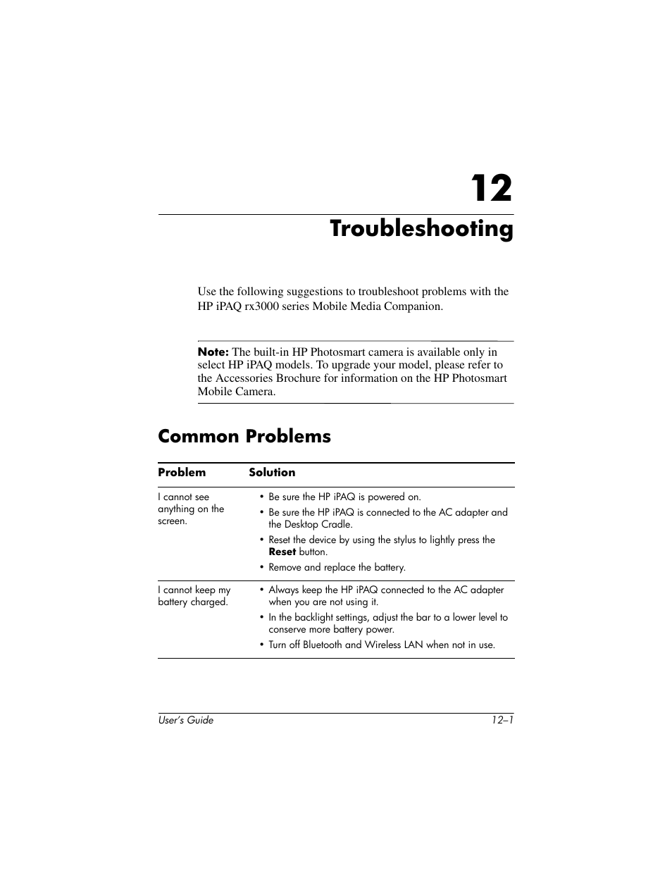 Troubleshooting, Common problems, 12 troubleshooting | Common problems –1 | HP rx3000 Series User Manual | Page 276 / 301