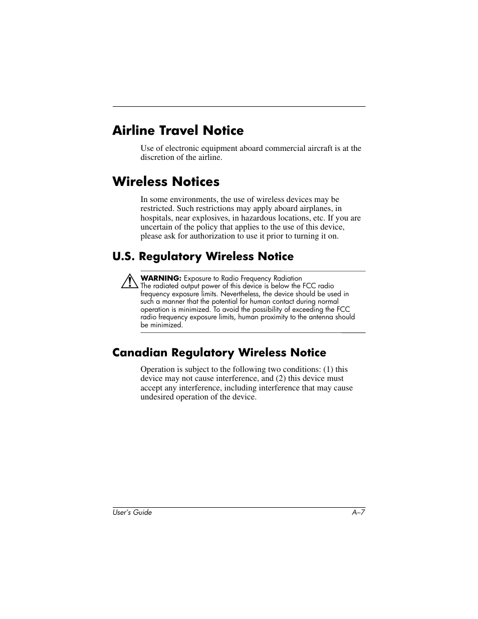 Wireless notices, U.s. regulatory wireless notice, Canadian regulatory wireless notice | Airline travel notice | HP rx3000 Series User Manual | Page 297 / 301