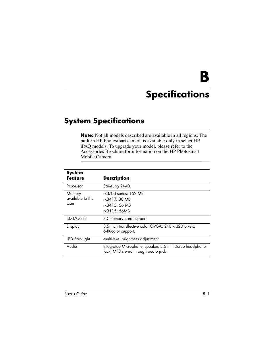 Appendix b specifications, System specifications, B specifications | Specifications | HP rx3000 Series User Manual | Page 299 / 301