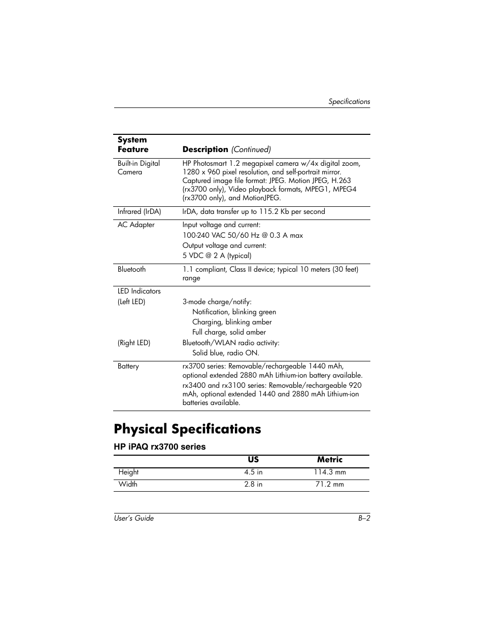 Physical specifications | HP rx3000 Series User Manual | Page 300 / 301