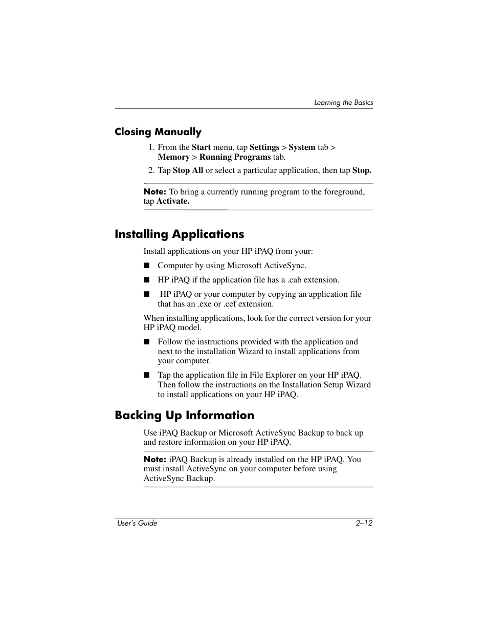 Closing manually, Installing applications, Backing up information | HP rx3000 Series User Manual | Page 37 / 301