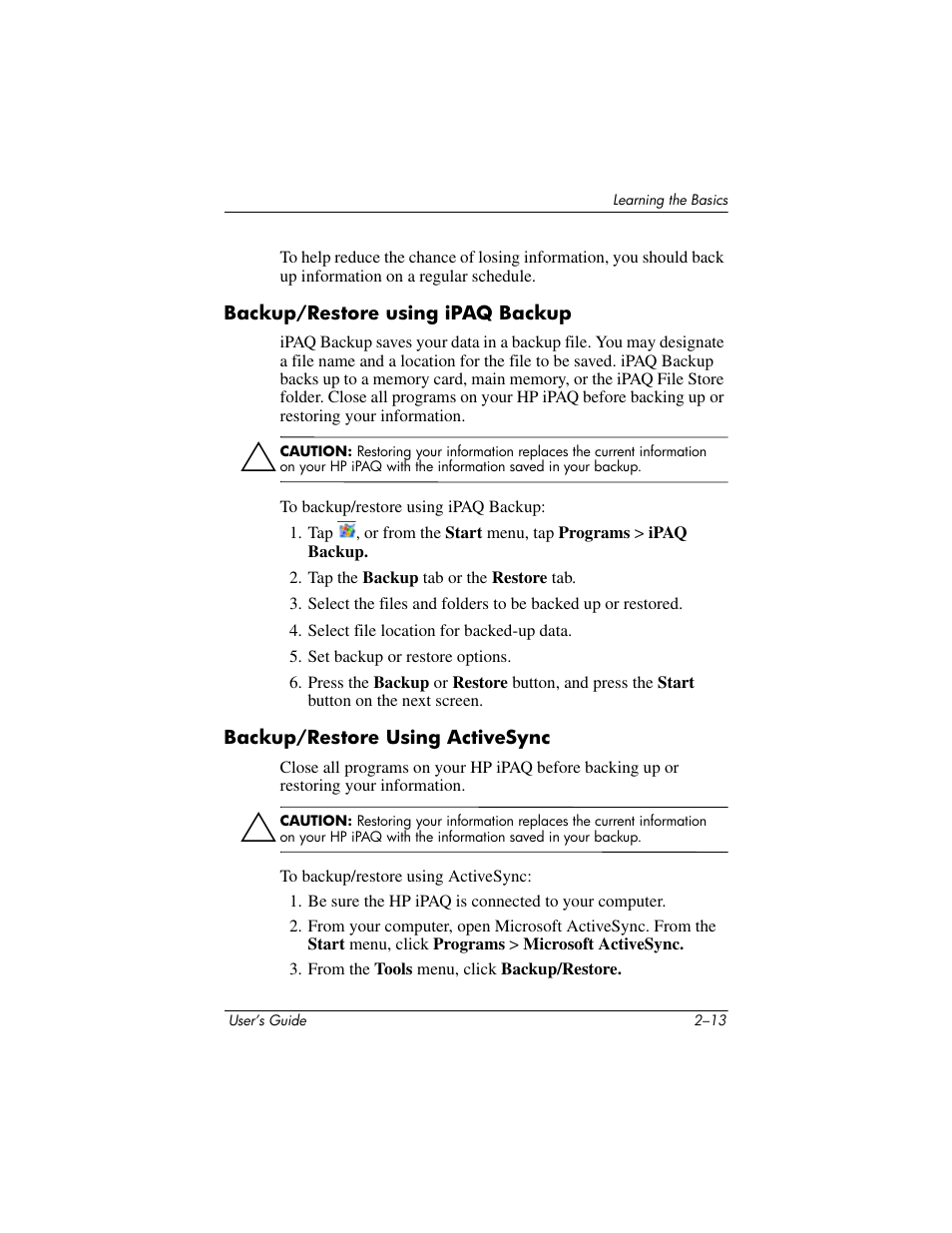 Backup/restore using ipaq backup, Backup/restore using activesync | HP rx3000 Series User Manual | Page 38 / 301