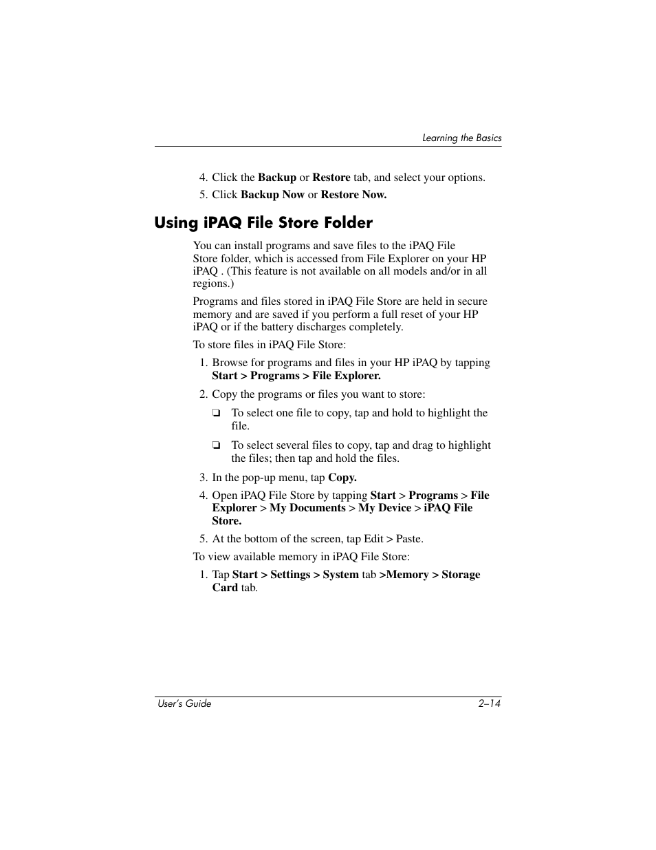 Using ipaq file store folder, Using ipaq file store folder –14 | HP rx3000 Series User Manual | Page 39 / 301