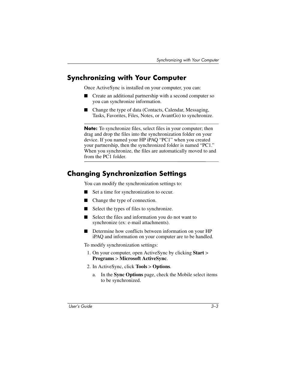 Synchronizing with your computer, Changing synchronization settings | HP rx3000 Series User Manual | Page 43 / 301