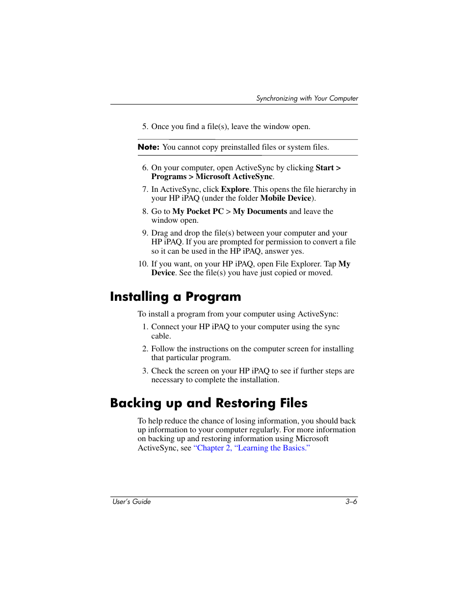 Installing a program, Backing up and restoring files | HP rx3000 Series User Manual | Page 46 / 301