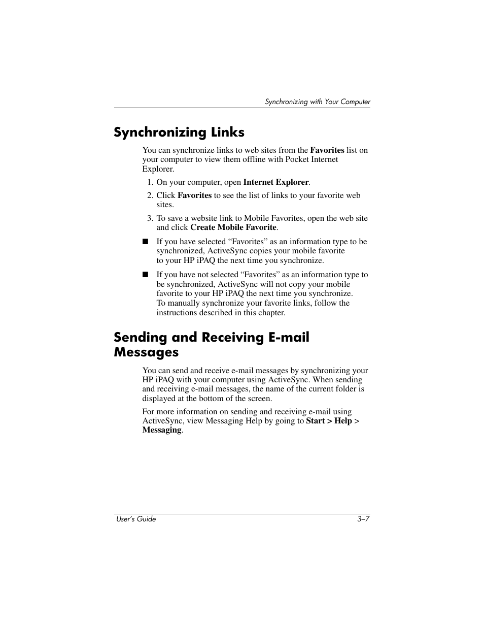 Synchronizing links, Sending and receiving e-mail messages | HP rx3000 Series User Manual | Page 47 / 301