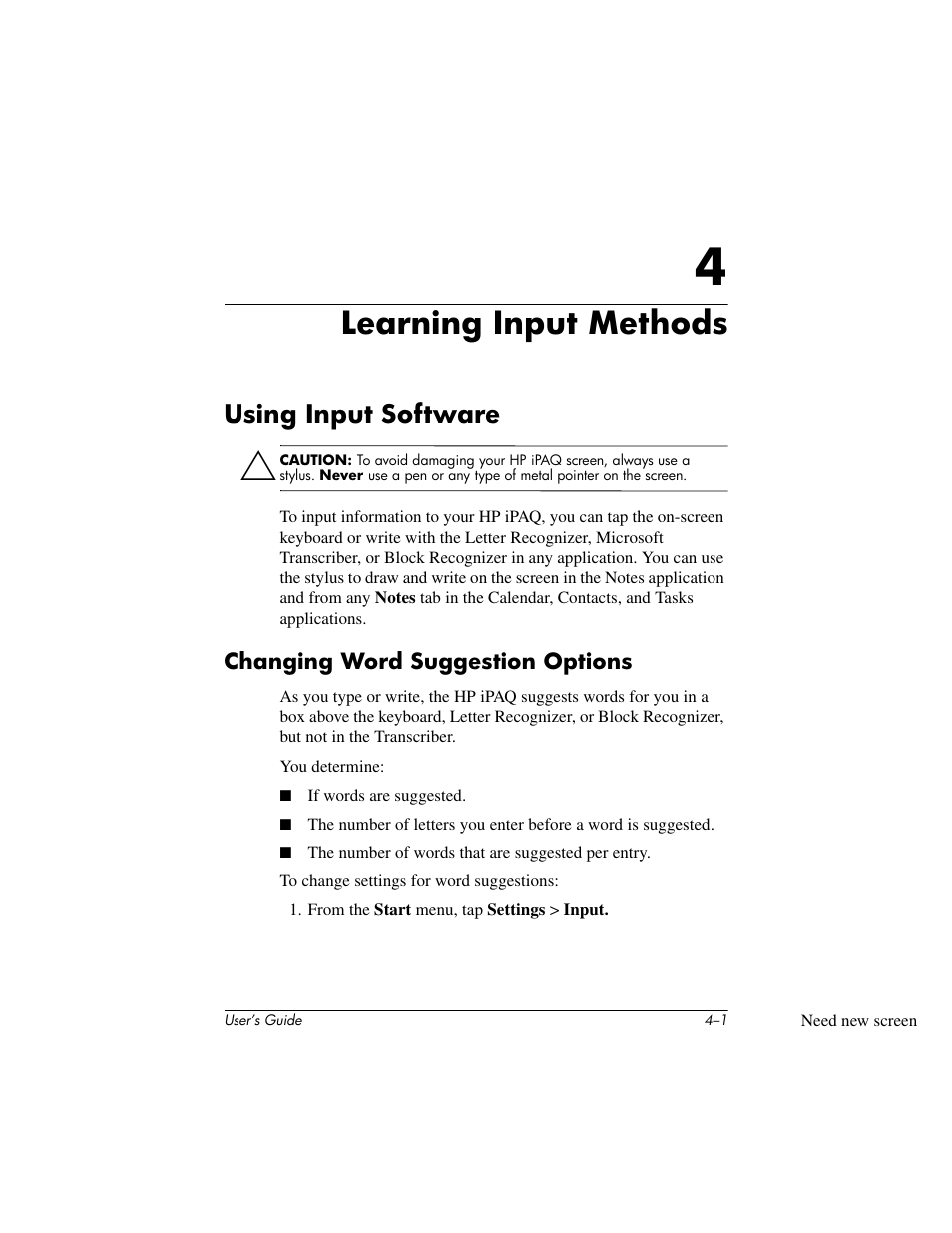 Learning input methods, Using input software, Changing word suggestion options | 4 learning input methods, Using input software –1, Changing word suggestion options –1 | HP rx3000 Series User Manual | Page 49 / 301