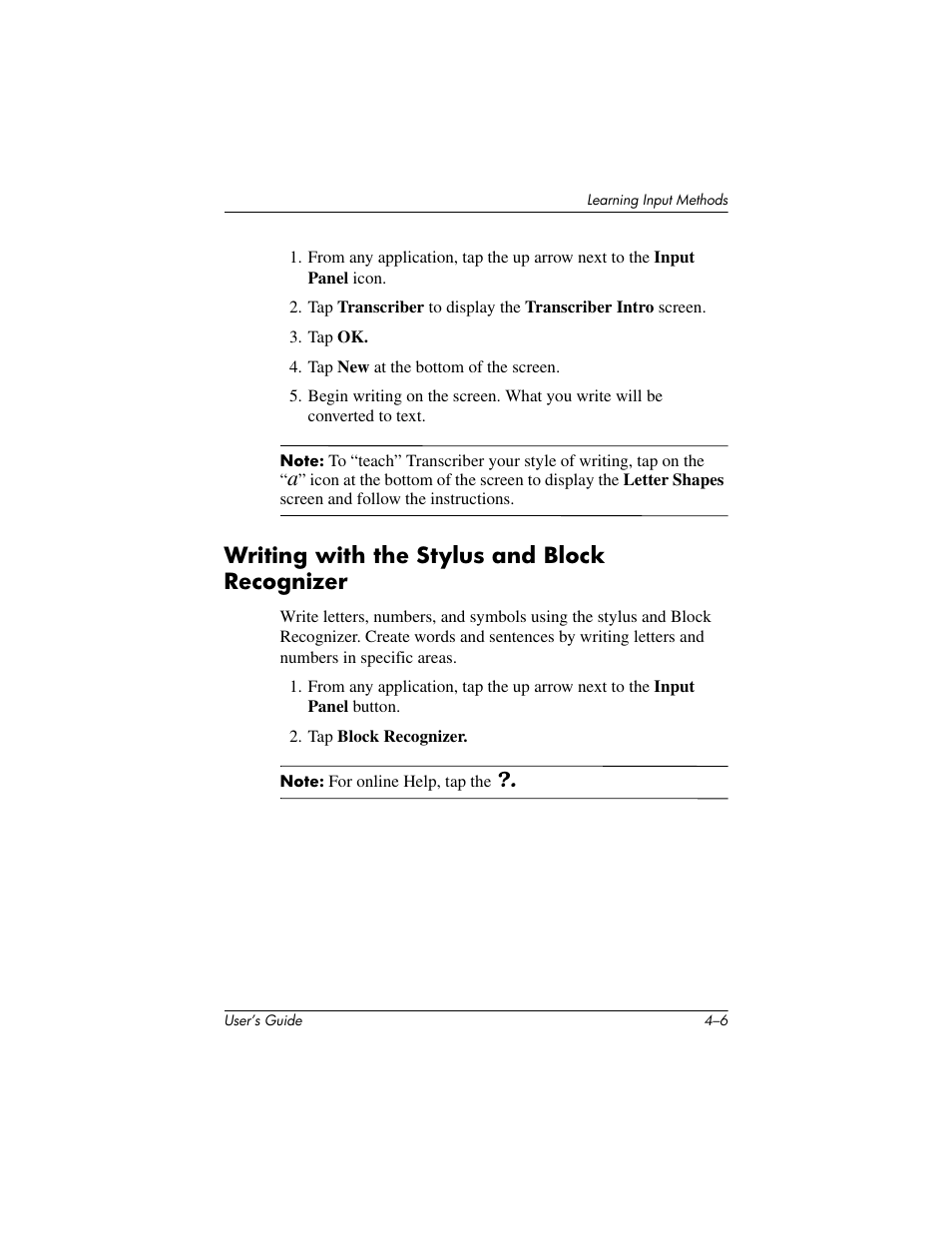 Writing with the stylus and block recognizer, Writing with the stylus and block recognizer –6 | HP rx3000 Series User Manual | Page 54 / 301