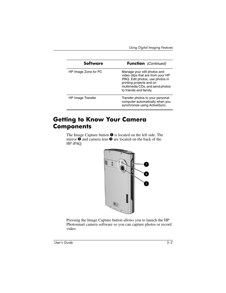 Getting to know your camera components, Getting to know your camera components –2 | HP rx3000 Series User Manual | Page 58 / 301