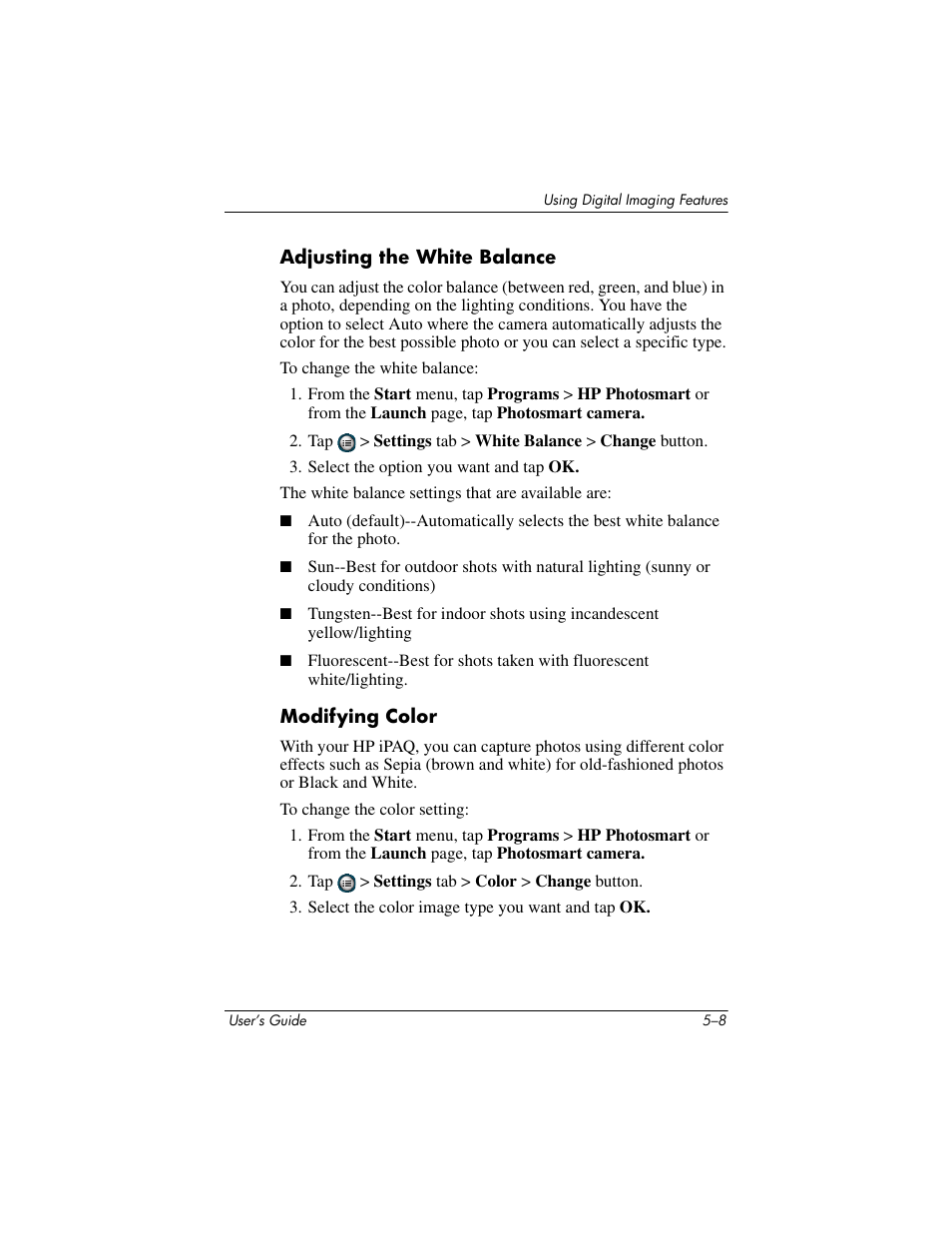 Adjusting the white balance, Modifying color | HP rx3000 Series User Manual | Page 64 / 301