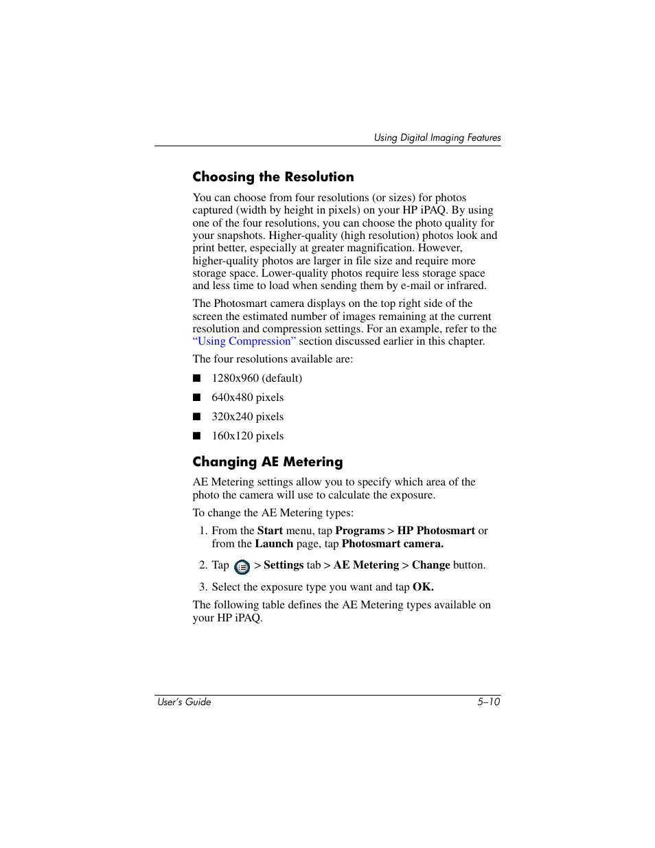 Choosing the resolution, Changing ae metering | HP rx3000 Series User Manual | Page 66 / 301