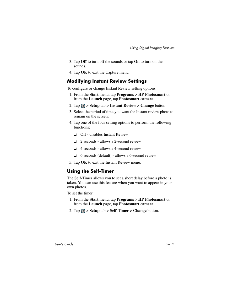 Modifying instant review settings, Using the self-timer | HP rx3000 Series User Manual | Page 68 / 301