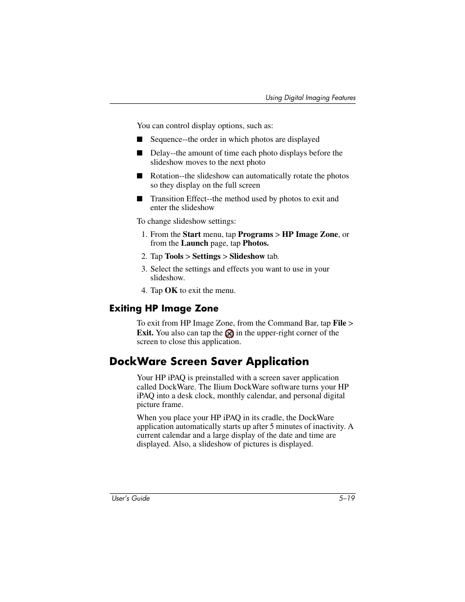 Exiting hp image zone, Dockware screen saver application, Dockware screen saver application –19 | HP rx3000 Series User Manual | Page 75 / 301