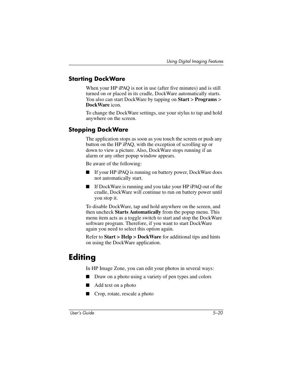 Starting dockware, Stopping dockware, Editing | Editing –20 | HP rx3000 Series User Manual | Page 76 / 301