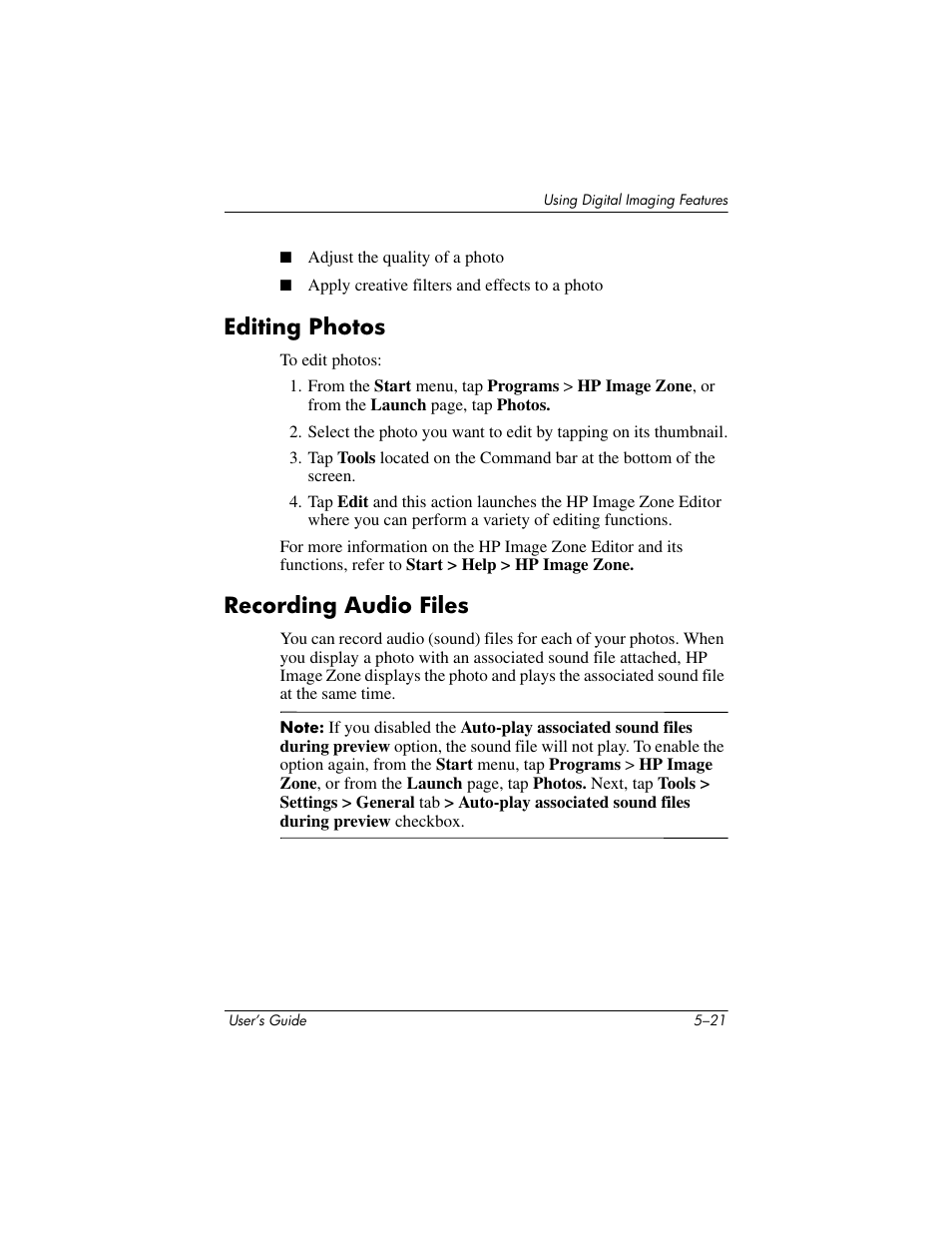 Editing photos, Recording audio files, Editing photos –21 recording audio files –21 | HP rx3000 Series User Manual | Page 77 / 301