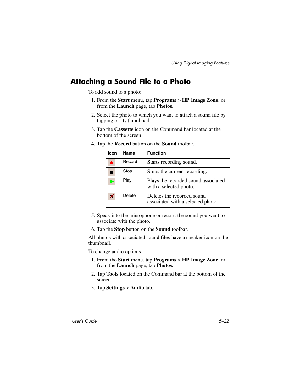 Attaching a sound file to a photo, Attaching a sound file to a photo –22 | HP rx3000 Series User Manual | Page 78 / 301