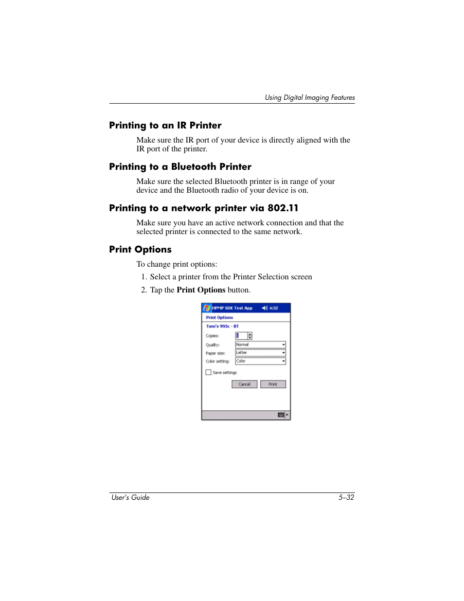 Printing to an ir printer, Printing to a bluetooth printer, Printing to a network printer via 802.11 | Print options | HP rx3000 Series User Manual | Page 88 / 301