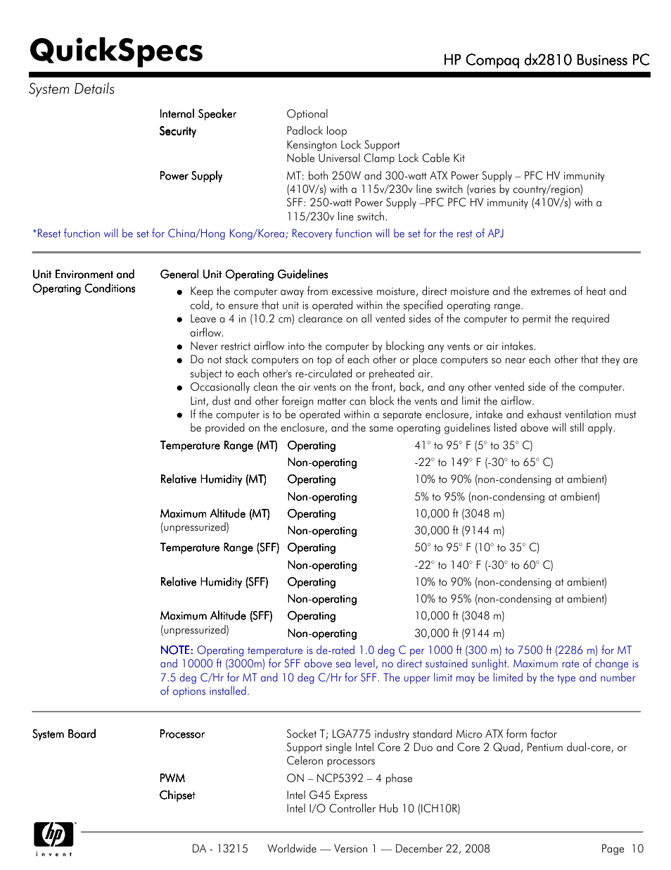 Quickspecs, Hp compaq dx2810 business pc, Hp compaq dx2810 business pc system details | HP COMPAQ DX2810 User Manual | Page 10 / 29