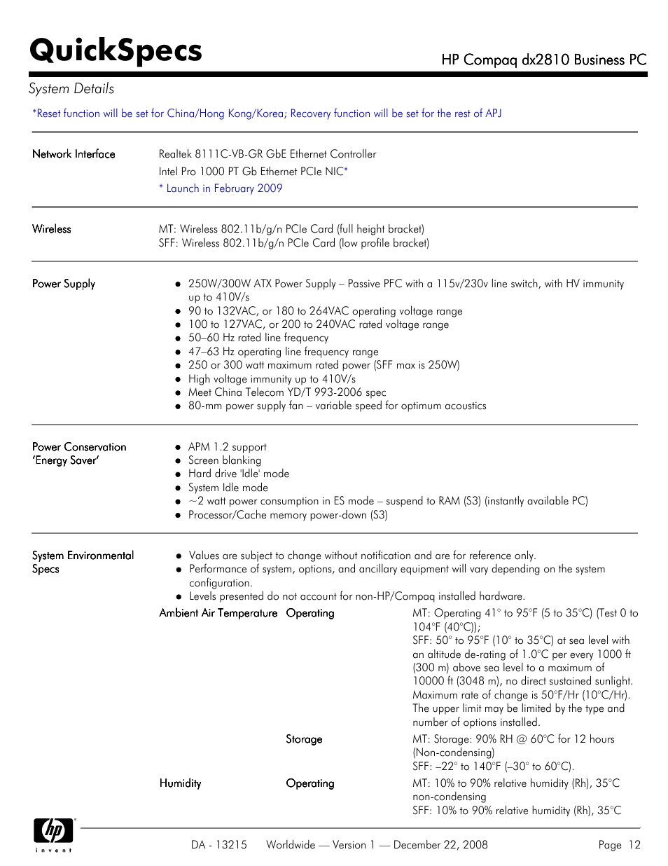 Quickspecs, Hp compaq dx2810 business pc, Hp compaq dx2810 business pc system details | HP COMPAQ DX2810 User Manual | Page 12 / 29