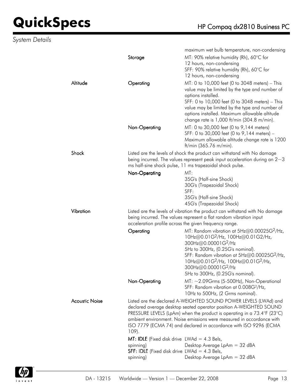 Quickspecs, Hp compaq dx2810 business pc, Hp compaq dx2810 business pc system details | HP COMPAQ DX2810 User Manual | Page 13 / 29